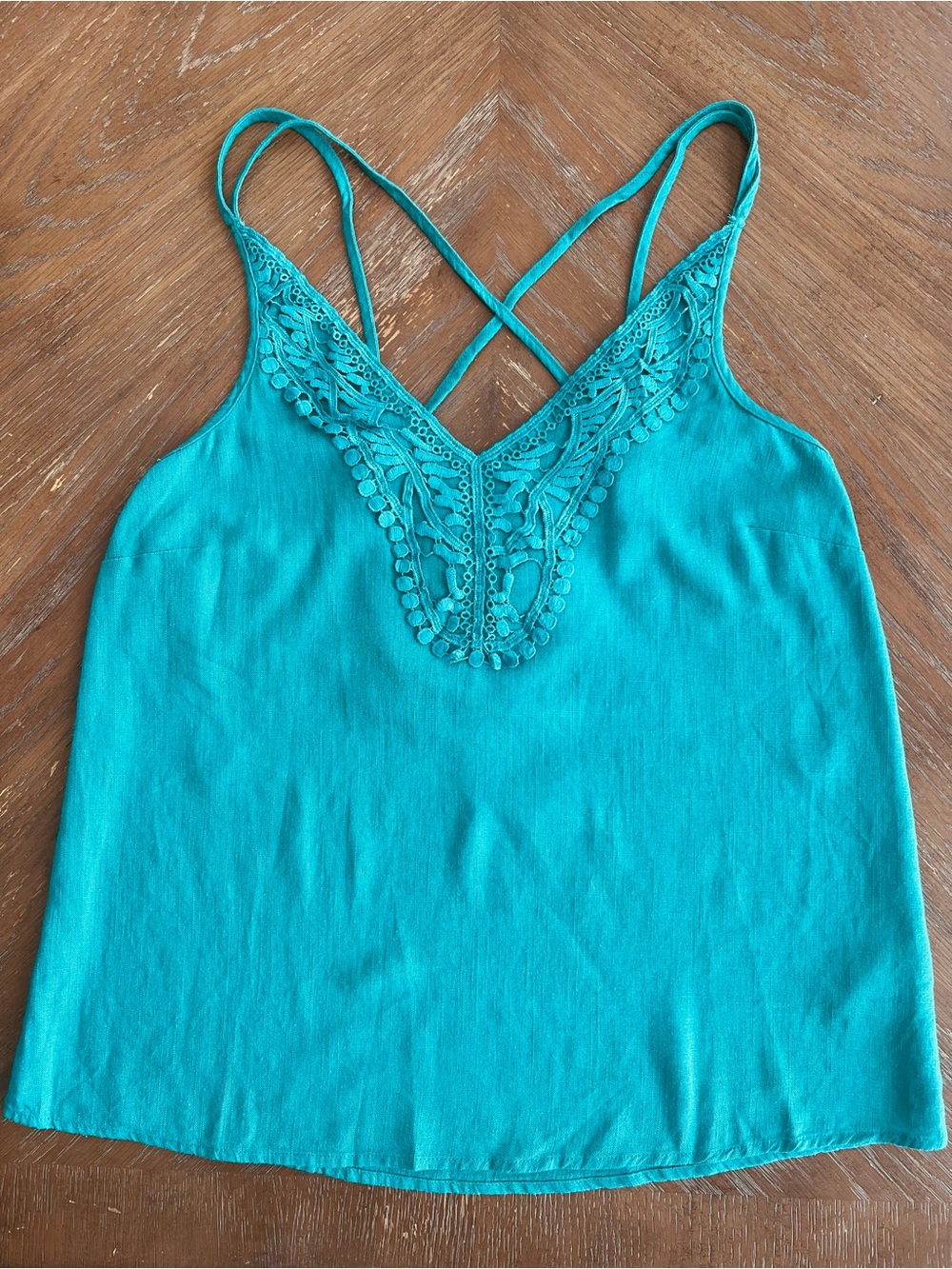 Umgee Teal Crochet-Trim Linen Casual Crisscross Camisole boutique - Picture 2 of 8